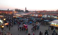 Evening view of Djemaa el Fna square filling with people