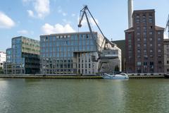 Münster harbor view featuring Flechtheimspeicher and Wolfgang Borchert Theater