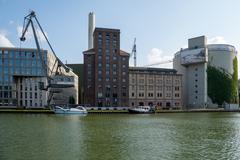 View of Münster harbor with Flechtheimspeicher and Wolfgang Borchert Theater