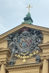 Theatinerkirche Munich gable with alliance coat of arms of Elector Max III Joseph and his wife Maria Anna of Saxony-Poland