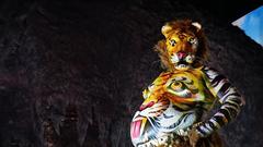 man with leopard face paint and mask at Pulik kali festival