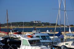 Marina Pedreña Port with Magdalena Palace in the background, Cantabria, Spain