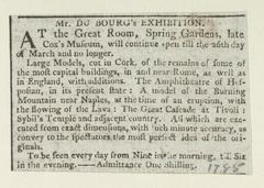 Newscutting of Mr. Du Bourg's Exhibition, 1785, Great Room, Spring Gardens