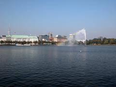 Binnenalster in Hamburg with a fountain creating a rainbow