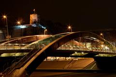 King Mindaugas bridge and Gediminas castle at night in Vilnius, Lithuania