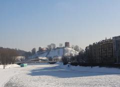 Neris with Mindaugas Bridge and Gedimino Tower in Vilnius, Lithuania