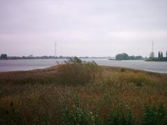 Bunthäuser Spitze at the southeastern boundary of Wilhelmsburg, where the Elbe River splits into Norderelbe and Süderelbe, with Norderelbe on the left and Süderelbe on the right