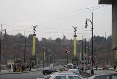 View of Čechův most and Letná metronome in Prague