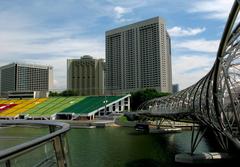 Helix Bridge and Floating Platform in Singapore at dusk