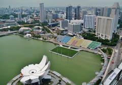 View from Marina Bay Sands to the ArtScience Centre and The Float at Marina Bay, Singapore