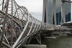 Helix Bridge at night with illuminated double helix structure in Singapore