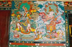 Traditional Tibetan Thanka painting featuring intricate designs and vibrant colors