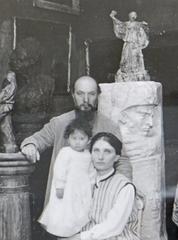 Antoine Bourdelle with wife Cléopâtre Sévastos and daughter Rhodia in his home studio, circa 1913