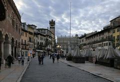 Piazza delle Erbe in Verona at dusk with closed market stalls