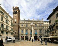 Northwest side of Piazza delle Erbe with Palazzo Maffei and the Lion of Saint Mark column in Verona