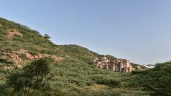 Wide angle view of Neemrana Fort and surrounding forest