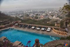 View of a pool in a historic fort or castle