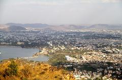 Aerial view of Udaipur city and Aravalli mountains in Rajasthan, India