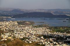 Aerial view of Udaipur city and Aravalli mountains in Rajasthan, India