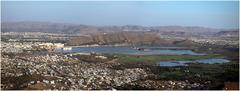 Aerial view of Lake Pichola and surrounding palaces in Udaipur