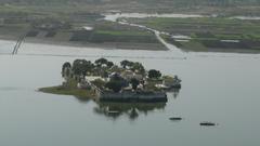 Aerial view of Jag Mandir Palace on Lake Pichola in Udaipur