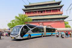 Articulated trolleybus turning left at Drum Tower