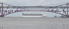 Crown Princess cruise ship moored between Forth Road Bridge and Forth Bridge