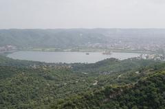 Far view of Man Sagar Lake with Jal Mahal in Jaipur