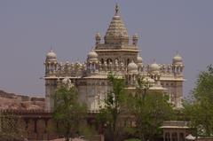 Jaswant Thada mausoleum in Jodhpur with its intricate white marble architecture and surrounding greenery