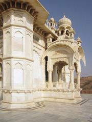 Jaswant Thada mausoleum in Jodhpur, India with ornamental details and surrounding greenery