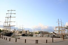 Three tall ships with three masts each in the Bassin des Chalutiers in La Rochelle