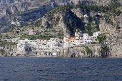 View of Atrani and the Amalfi Coast with a blue bus in 2019