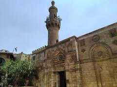 Entrance and minaret of Al-Aqmar Mosque in Cairo, Egypt