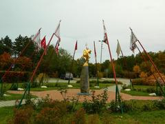 Saint Ladislas memorial with Hungarian military flags at Pákozd Military Memorial Park