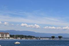 Panoramic view of Geneva, Switzerland with Lake Geneva and cityscape