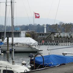 White heart flag on red background at Bains des Pâquis, Geneva