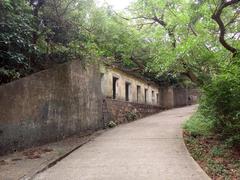 Ruins of Pinewood Battery with graffiti