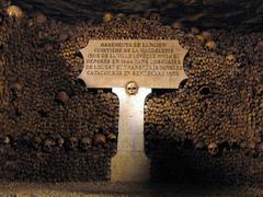 Interior view of Paris Catacombs with arranged skulls and bones