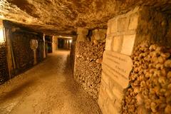 Catacombs of Paris ossuaries with skulls and bones