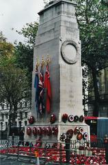 The Cenotaph on Whitehall with wreaths laid down on Remembrance Day