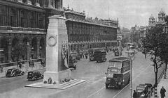 Whitehall street with London Plane Trees with black and white stripes after World War II