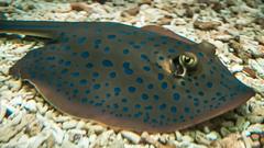 Bluespotted ribbontail ray swimming over coral