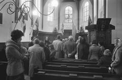 Interior of the English church at Begijnenhof in Amsterdam on open day after complete restoration, dated October 25, 1975.