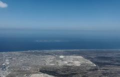 Aerial view of Robben Island and Bloubergstrand