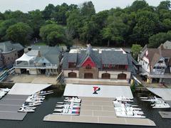 Aerial view of Number 11 Boathouse Row, home to the College Boat Club of the University of Pennsylvania