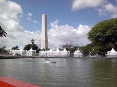 radio controlled model watercraft in Ibirapuera Park with Obelisk in the background