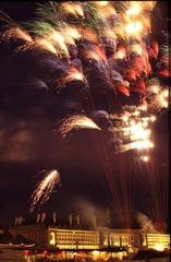 Fireworks over the Thames in front of the old County Hall building