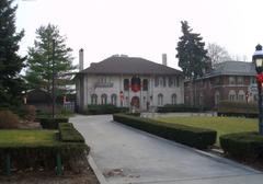 Manoogian Mansion decorated with lights and holiday decorations