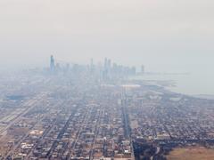 aerial view of downtown Chicago and Lake Michigan