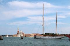 Old British rig moored off Punta della Dogana in front of San Giorgio Maggiore Island in Venice, Italy.